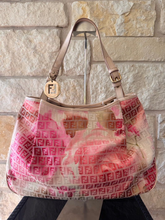 Fendi Pink Floral Print Zucchino Canvas Mama Forever Tote