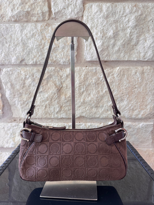 Salvatore Ferragamo Brown Suede Gancini Print Shoulder Handbag