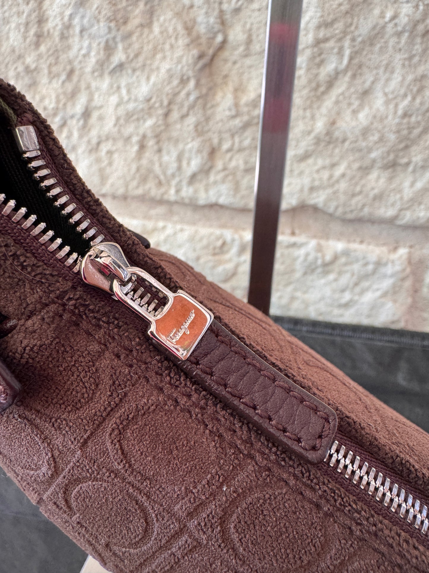 Salvatore Ferragamo Brown Suede Gancini Print Shoulder Handbag