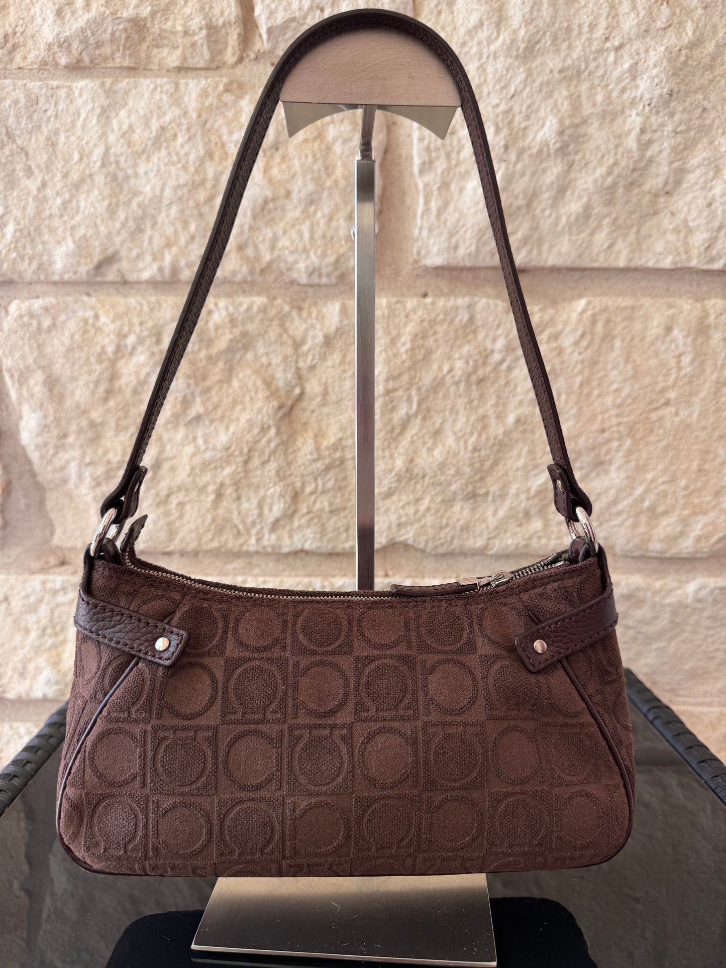 Salvatore Ferragamo Brown Suede Gancini Print Shoulder Handbag