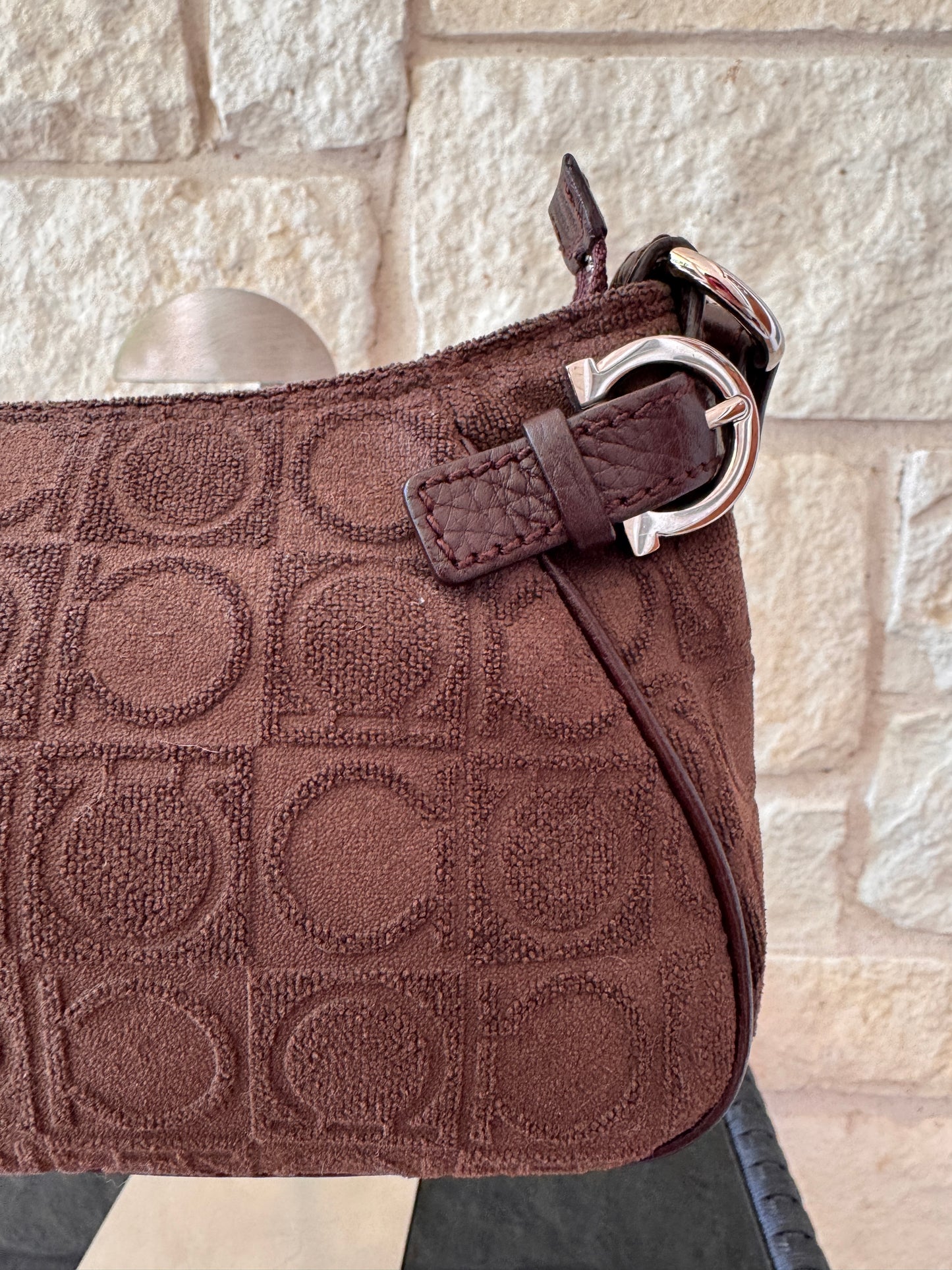 Salvatore Ferragamo Brown Suede Gancini Print Shoulder Handbag
