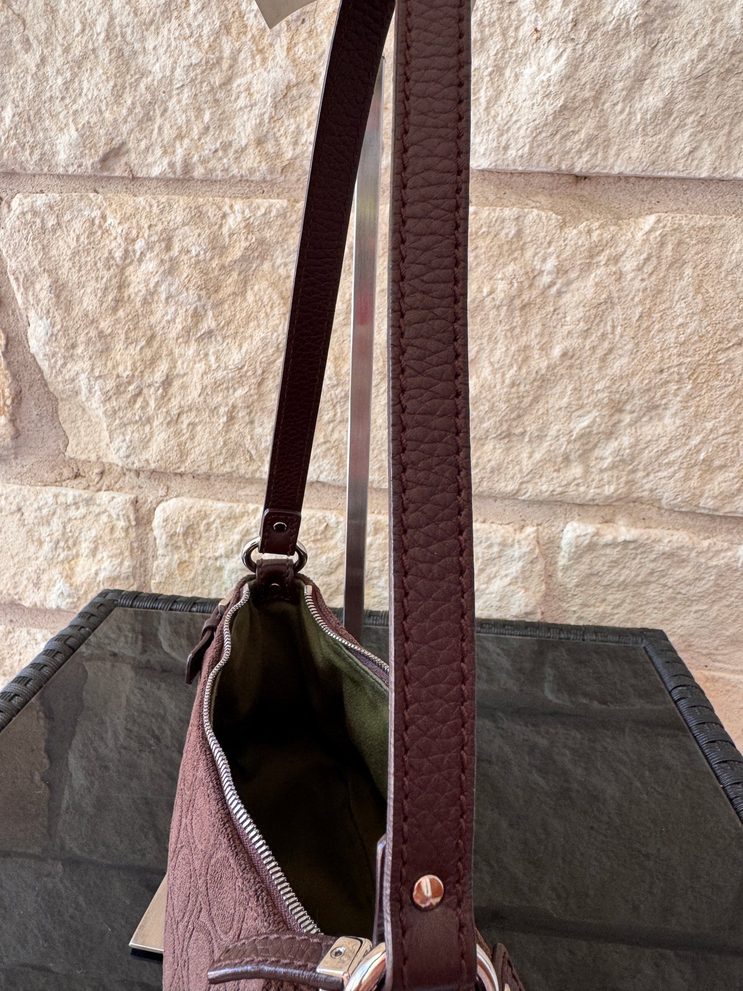 Salvatore Ferragamo Brown Suede Gancini Print Shoulder Handbag