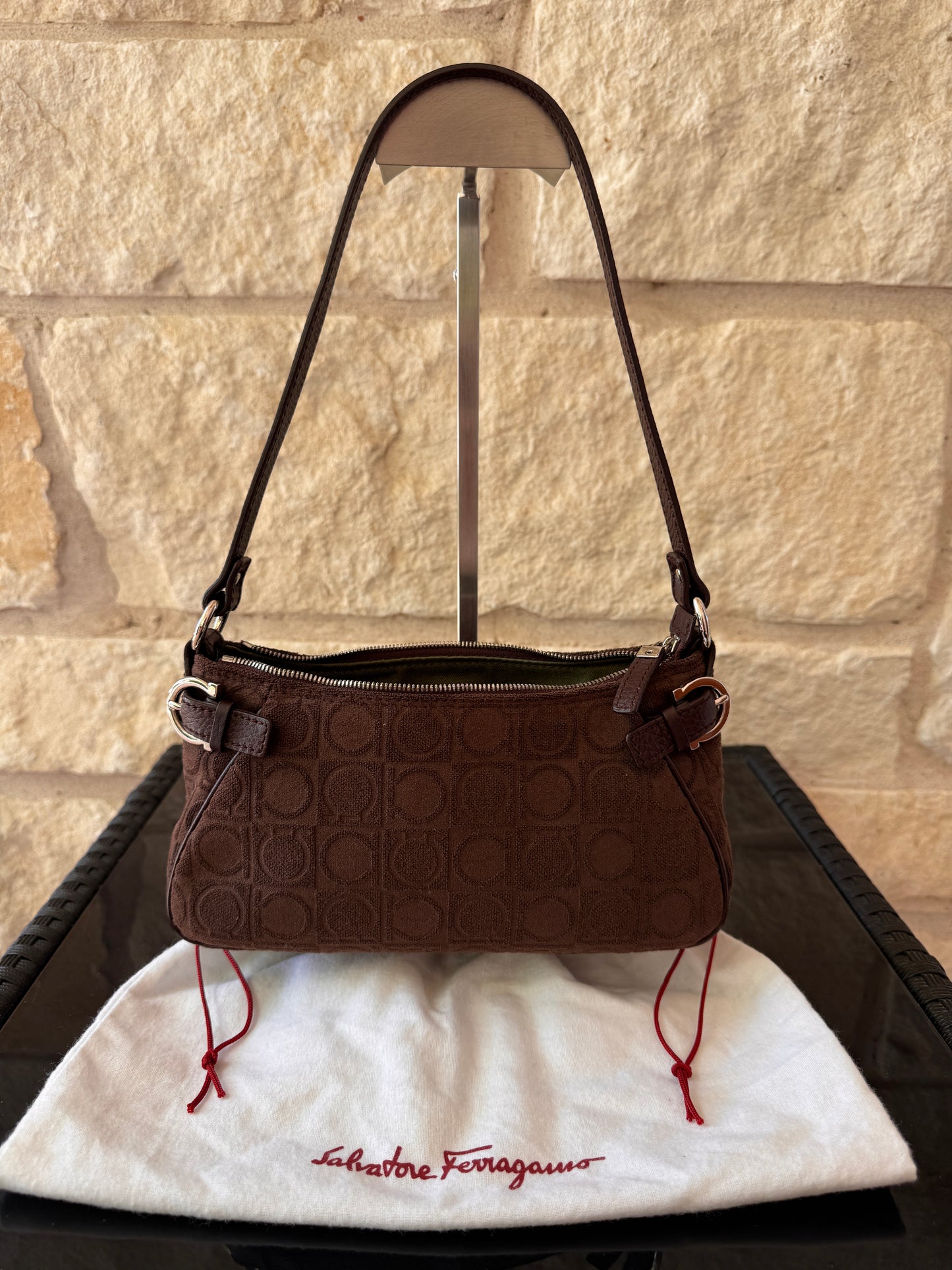 Salvatore Ferragamo Brown Suede Gancini Print Shoulder Handbag
