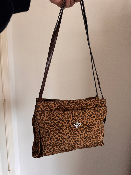 Bottega Veneta Vintage Leopard Print Nylon Shoulder Bag