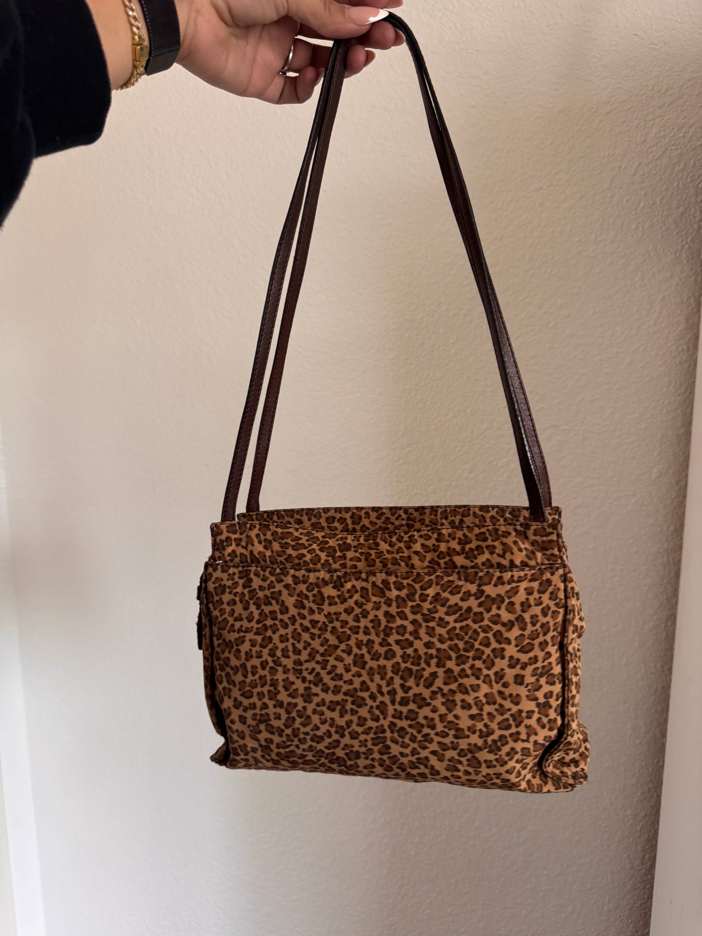 Bottega Veneta Vintage Leopard Print Nylon Shoulder Bag